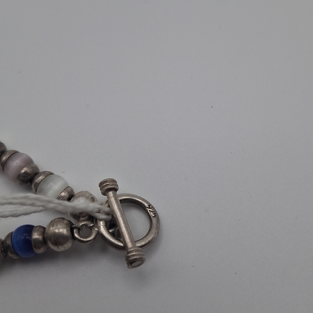 Vtg Sterling Silver Multicolor Glass Cat Eye Bracelet 7" Toggle Clasp 14.41g - Picture 3 of 7